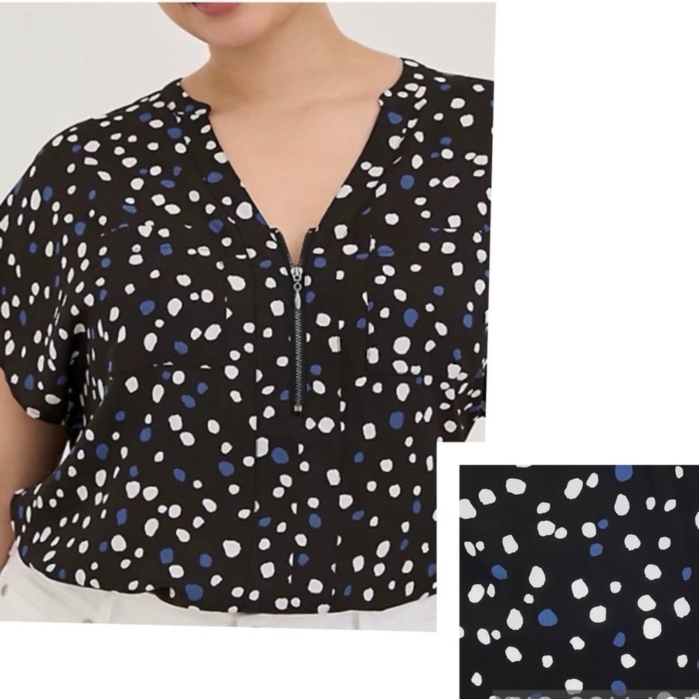 Torrid Black Blue Dots Georgette Zip Front Dolman Pullover Office Blouse Size 1X